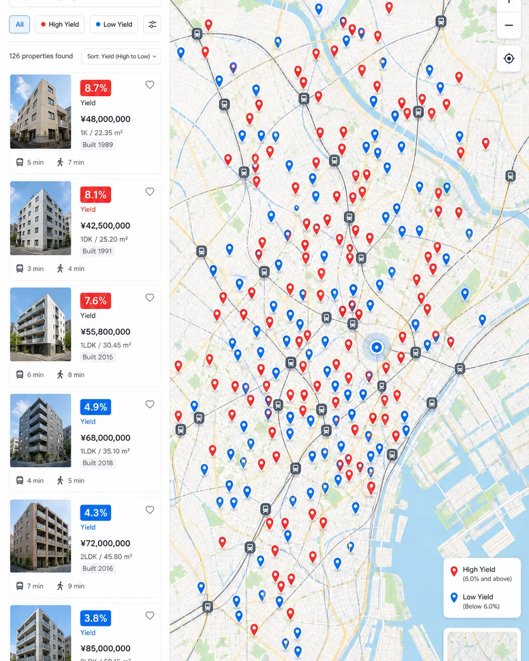 関東エリアの地図にマイソク物件がピンで並び、利回り順に色分け表示される画面