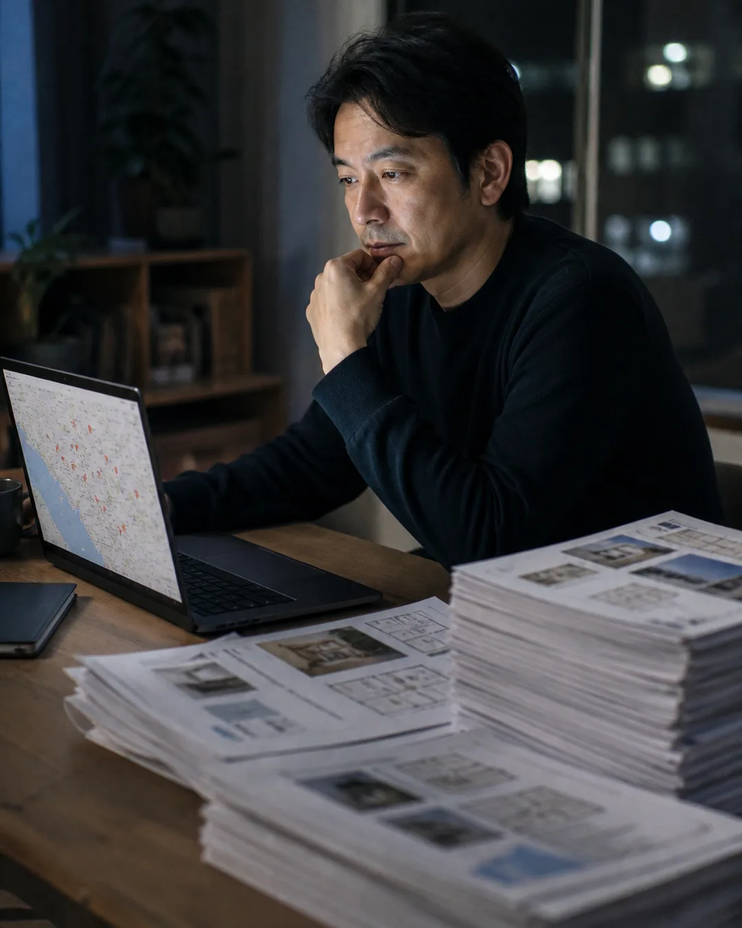 深夜のデスクでマイソクPDFを比較する個人不動産投資家